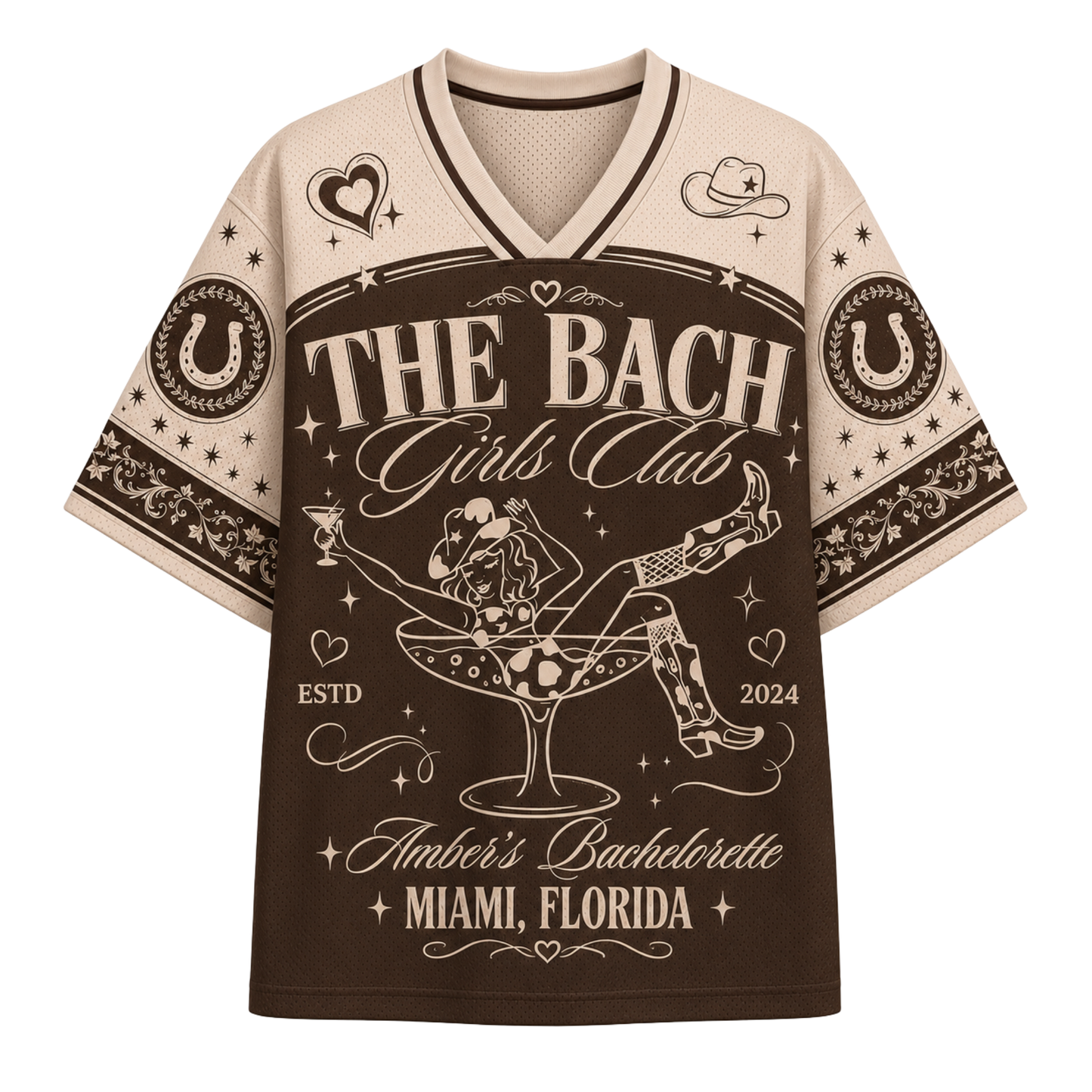 A short-sleeve V-neck t-shirt with a brown and beige graphic design. The design features the text 'THE BACH Girls Club' and 'Amber's Bachelorette Miami, Florida' with a central illustration of a woman in a martini glass.