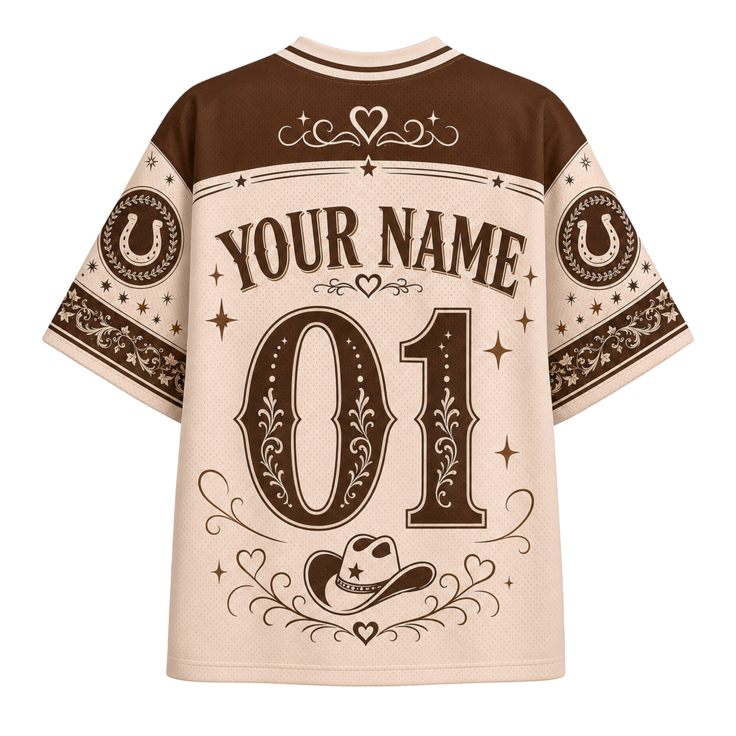 A short-sleeve western-style jersey shirt shown from the back, featuring a cream base with dark brown panels and graphics. The design includes 'YOUR NAME' and '01' with decorative floral and star motifs, horseshoes on the sleeves, and a cowboy hat near the hem.