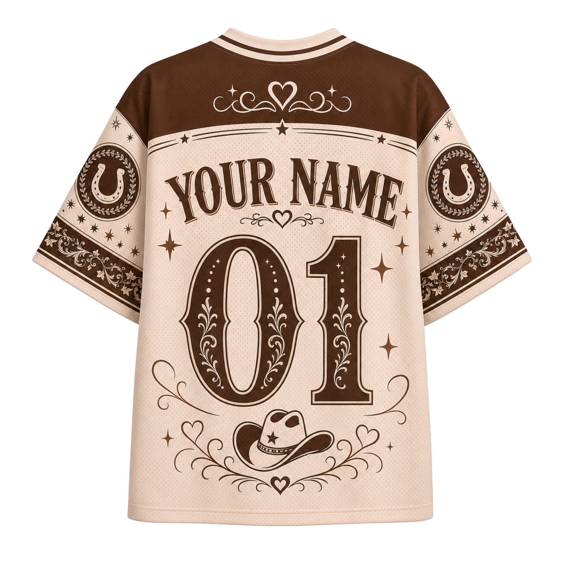 A short-sleeve western-style jersey shirt shown from the back, featuring a cream base with dark brown panels and graphics. The design includes 'YOUR NAME' and '01' with decorative floral and star motifs, horseshoes on the sleeves, and a cowboy hat near the hem.