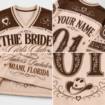 A four-panel close-up collage of a custom western-style baseball jersey. The jersey has a cream base with dark brown graphics and text, including 'THIE BRIDE Girls Club', 'YOUR NAME', '01', 'Amber's Bachelor', 'MIAMI, FLORIDA', and a cowboy hat with a star.