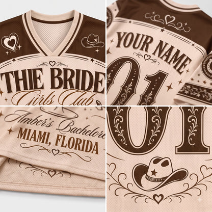 A four-panel close-up collage of a custom western-style baseball jersey. The jersey has a cream base with dark brown graphics and text, including 'THIE BRIDE Girls Club', 'YOUR NAME', '01', 'Amber's Bachelor', 'MIAMI, FLORIDA', and a cowboy hat with a star.