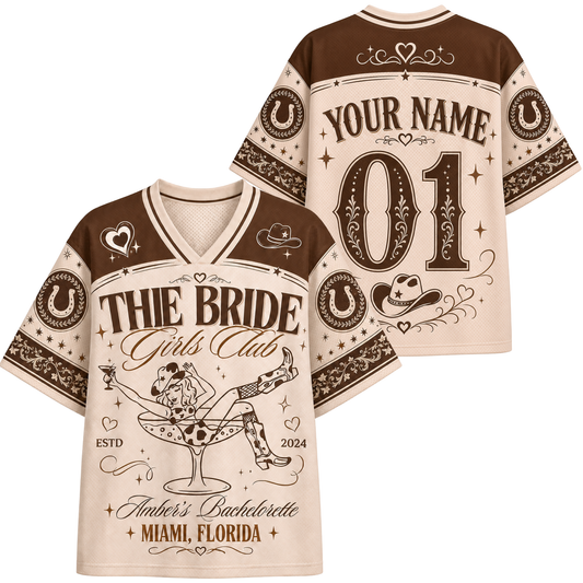 A custom bachelorette-themed short-sleeve V-neck jersey shirt shown from both front and back. The design features a cream and brown color scheme with western motifs, including horseshoes, cowboy hats, a martini glass with a skull and crossed legs, and customizable text fields 'YOUR NAME' and '01' on the back.