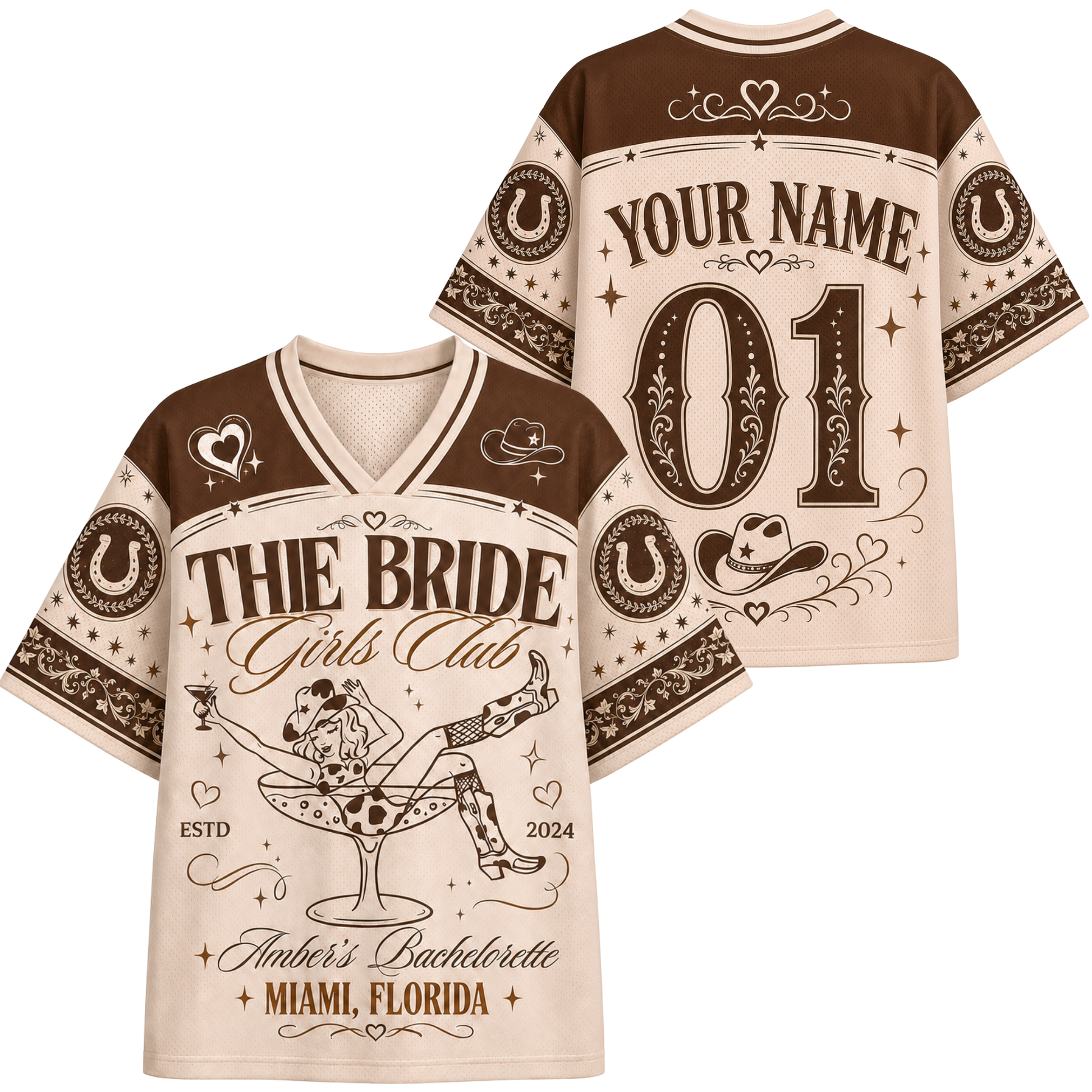 A custom bachelorette-themed short-sleeve V-neck jersey shirt shown from both front and back. The design features a cream and brown color scheme with western motifs, including horseshoes, cowboy hats, a martini glass with a skull and crossed legs, and customizable text fields 'YOUR NAME' and '01' on the back.