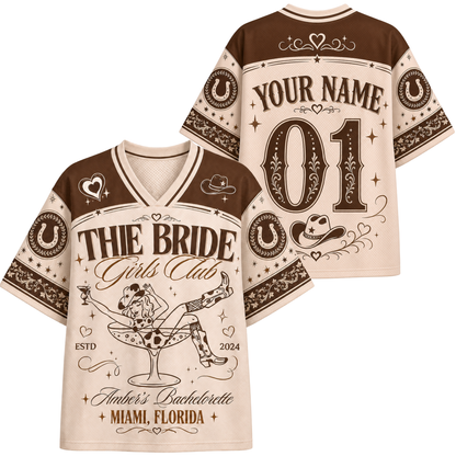 A custom bachelorette-themed short-sleeve V-neck jersey shirt shown from both front and back. The design features a cream and brown color scheme with western motifs, including horseshoes, cowboy hats, a martini glass with a skull and crossed legs, and customizable text fields 'YOUR NAME' and '01' on the back.