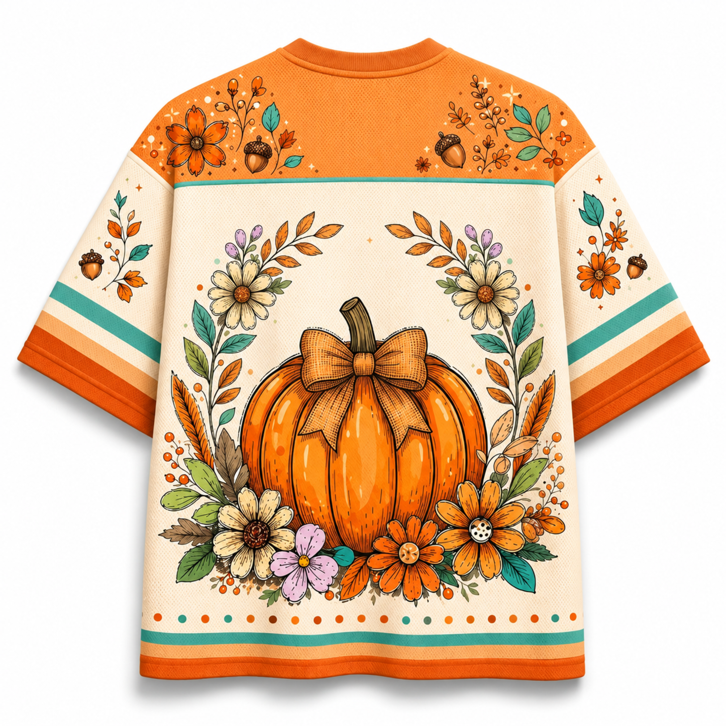 A short-sleeve crewneck t-shirt featuring a vibrant autumn-themed graphic print. The design showcases a large orange pumpkin in the center, surrounded by colorful fall flowers, acorns, and leaves, with orange and cream sections on the shoulders and sleeves accented by teal stripes.