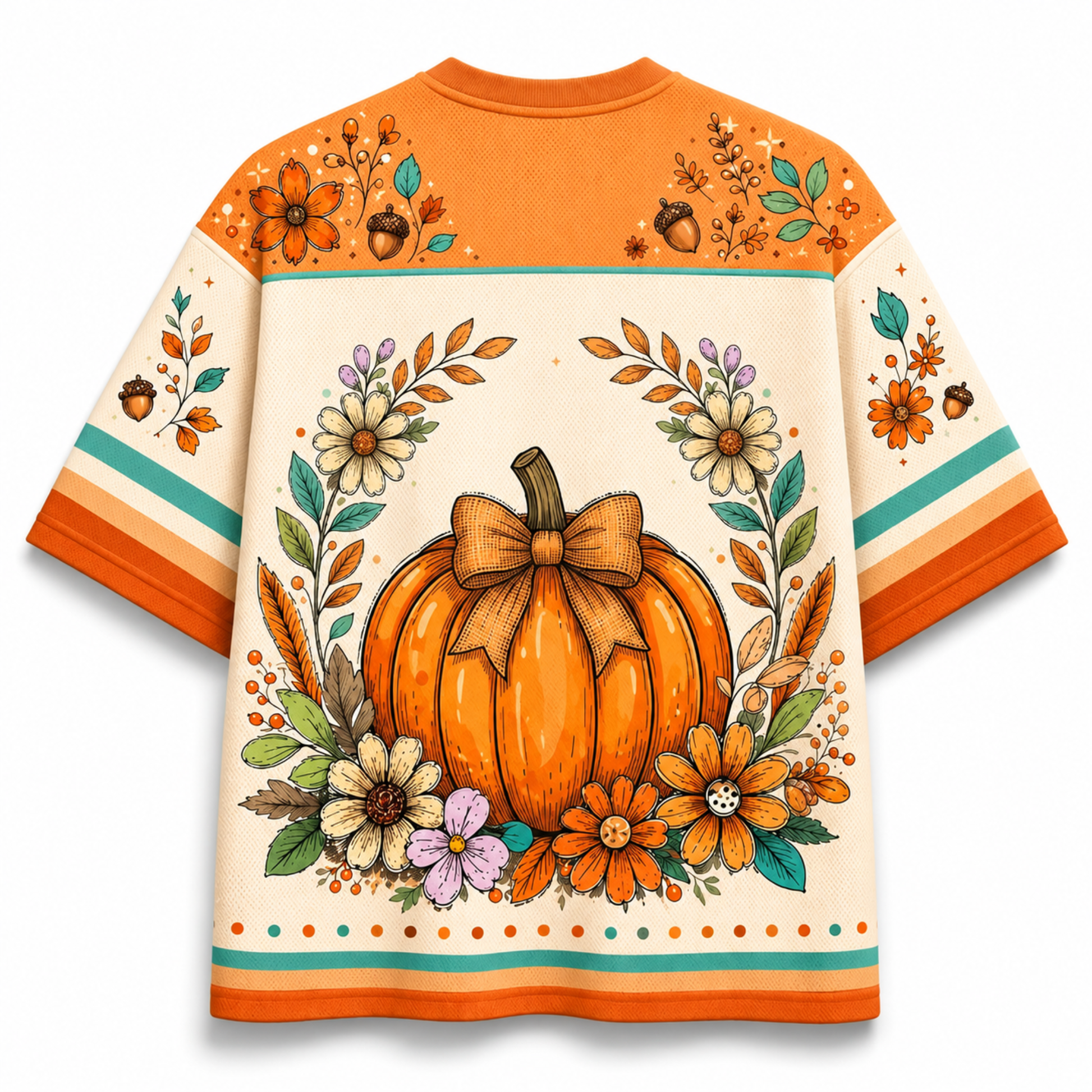 A short-sleeve crewneck t-shirt featuring a vibrant autumn-themed graphic print. The design showcases a large orange pumpkin in the center, surrounded by colorful fall flowers, acorns, and leaves, with orange and cream sections on the shoulders and sleeves accented by teal stripes.