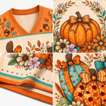 A four-panel close-up collage of a V-neck top featuring a warm autumn floral print. The design includes orange pumpkins with bows, acorns, leaves, flowers, and dotted stripes in orange, teal, cream, and purple tones.
