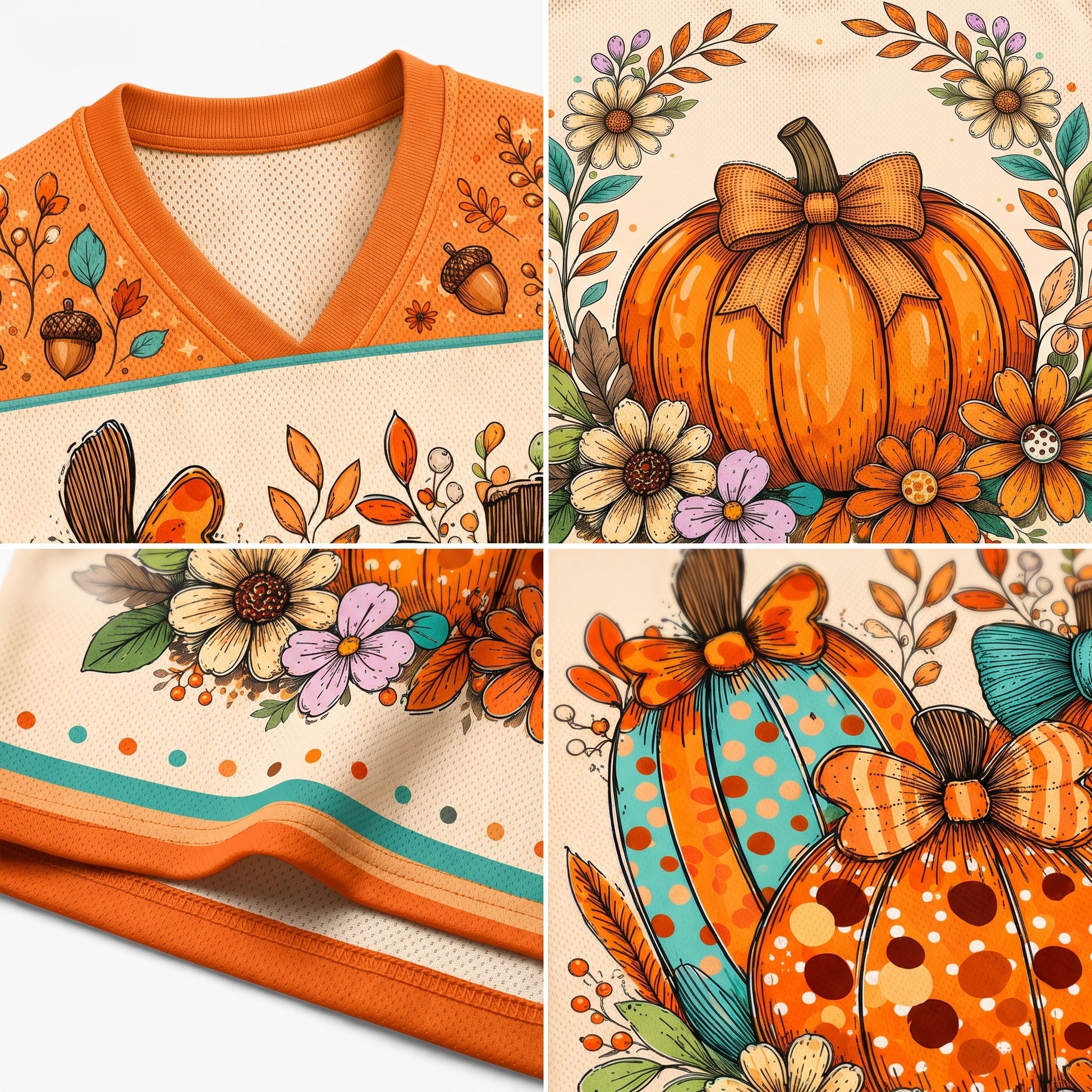 A four-panel close-up collage of a V-neck top featuring a warm autumn floral print. The design includes orange pumpkins with bows, acorns, leaves, flowers, and dotted stripes in orange, teal, cream, and purple tones.