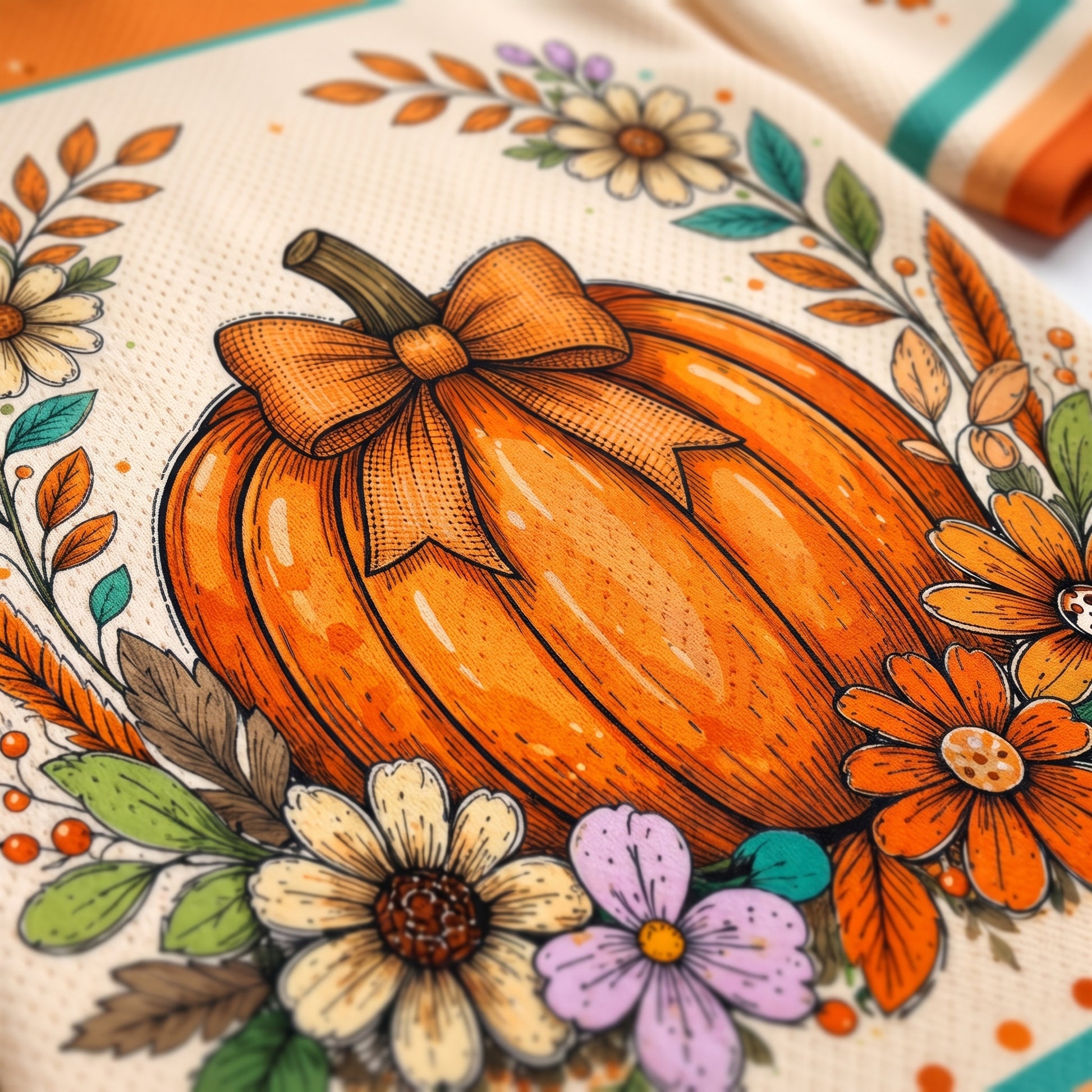 A close-up of a decorative fabric or paper print featuring a large orange pumpkin with a ribbon bow, surrounded by autumn flowers and leaves in orange, cream, purple, green, and brown.