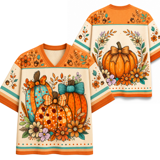 A short-sleeve V-neck t-shirt with a detailed autumn pumpkin illustration on the front, shown alongside a matching back view. The shirt features orange, teal, and cream colors with floral accents.