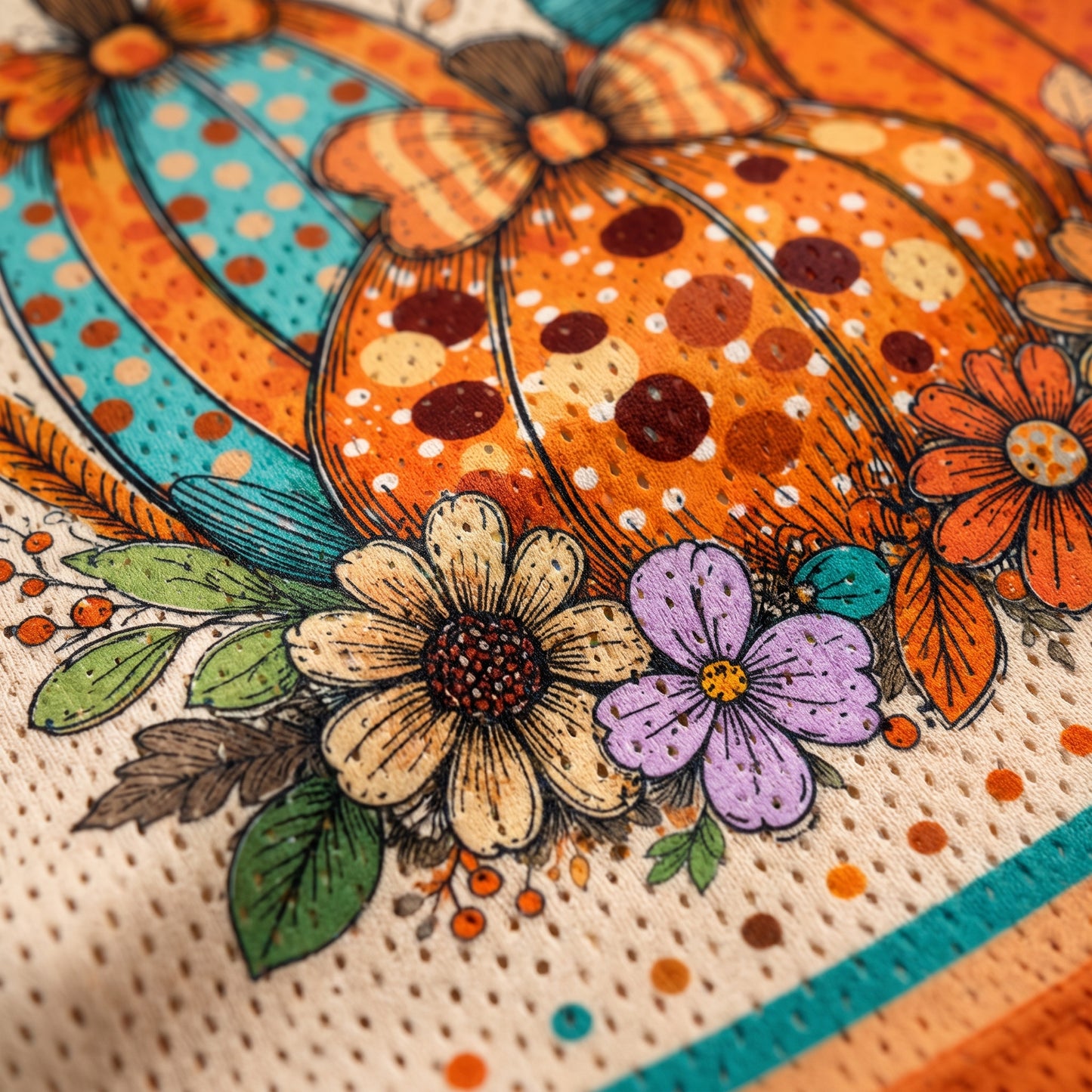 Close-up of a printed textile pattern featuring orange pumpkins with white polka dots, teal stripes, autumn leaves, and flowers on a cream perforated fabric background.