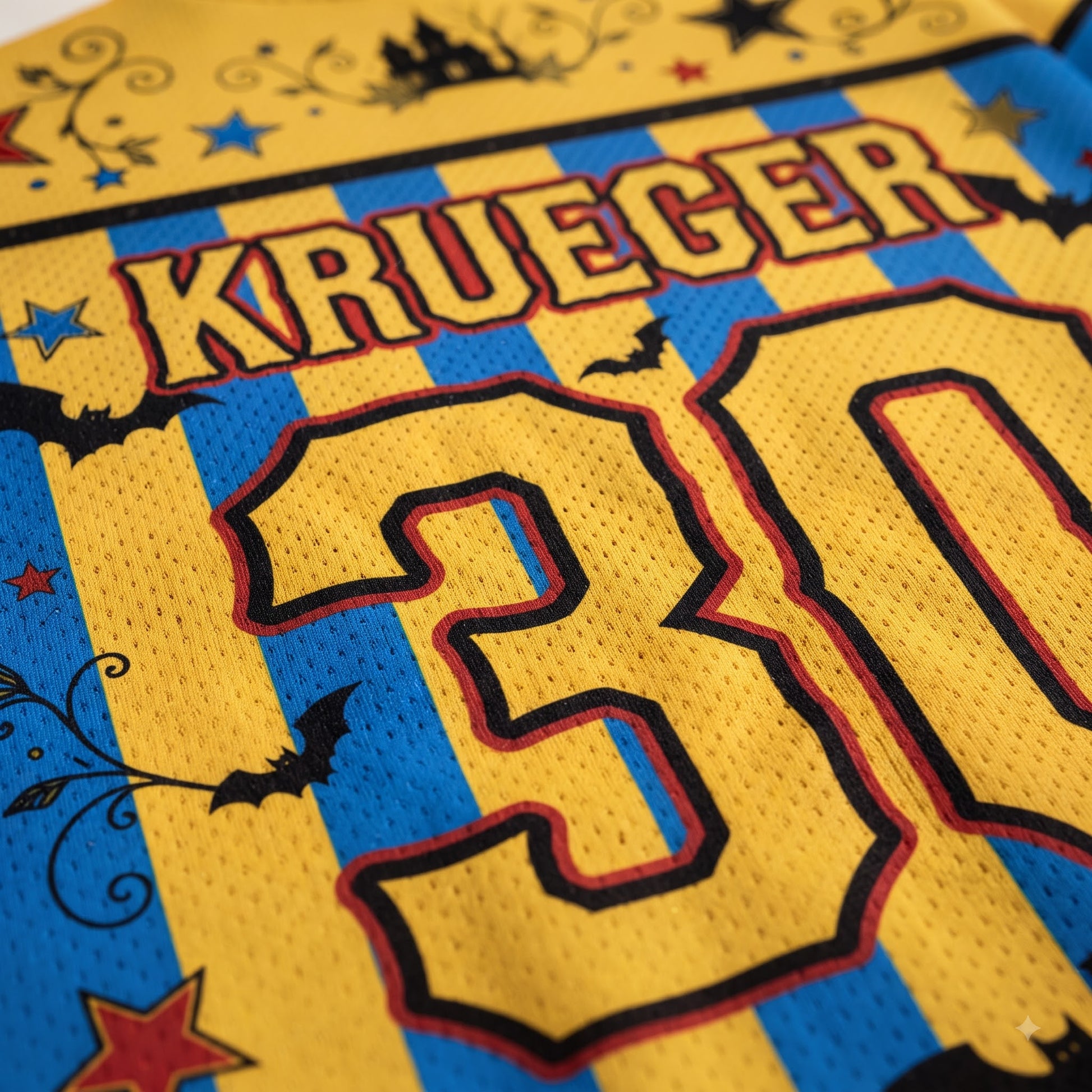 Close-up of a yellow and blue striped jersey with the name KRUEGER across the top and the number 30 in large outlined numerals. Decorative black bat and star motifs appear on the fabric.