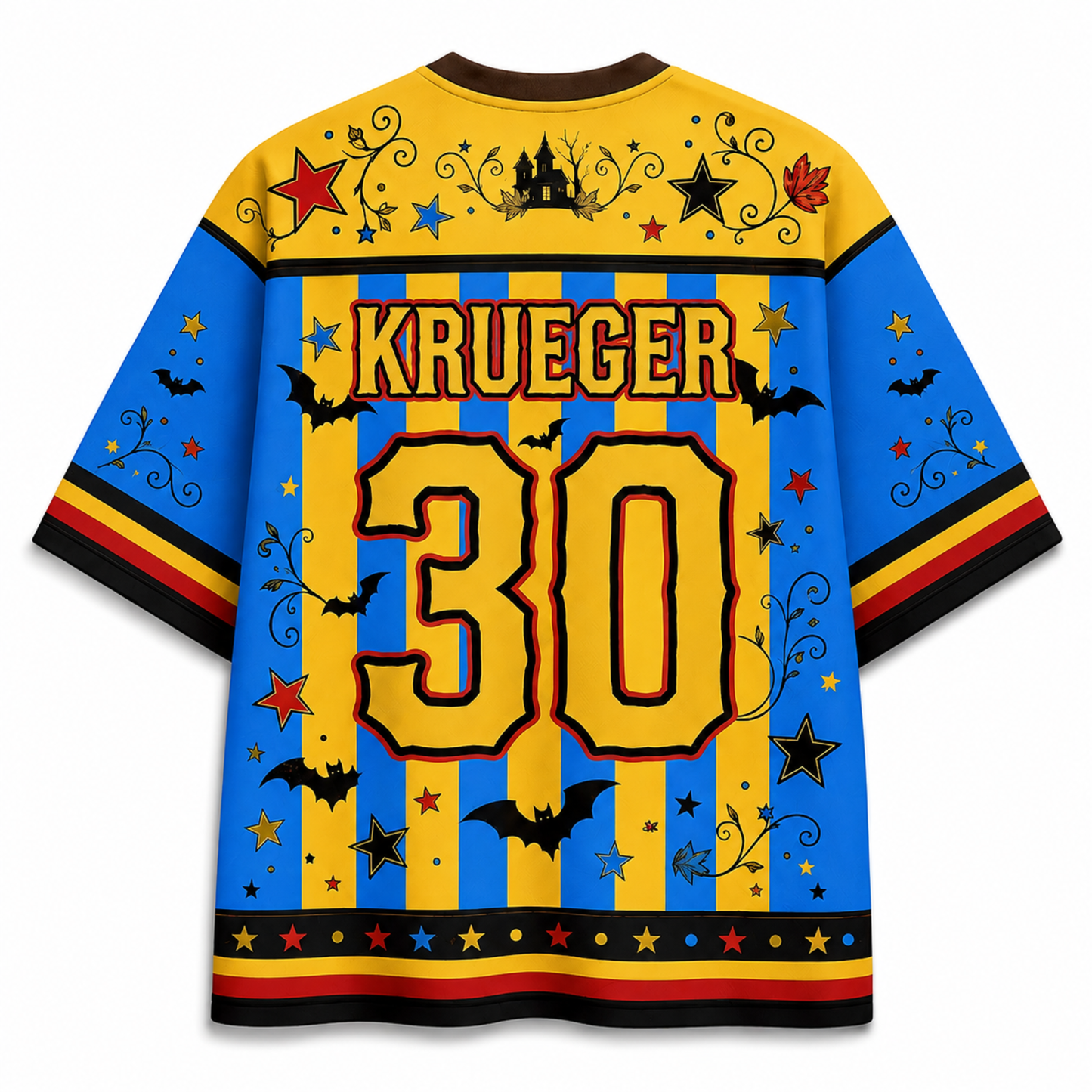 A short-sleeve sports jersey shown from the back, featuring a Halloween-themed design with blue and yellow vertical stripes, black bats, stars, and decorative swirls. The back has 'KRUEGER' and the number '30' in large yellow letters with black outlines, and a castle graphic near the upper back.