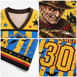 Close up view collage of yellow blue horror jersey showing V-neck trim, sleeve borders, front Freddy Krueger graphic, and back Krueger 30 detail.