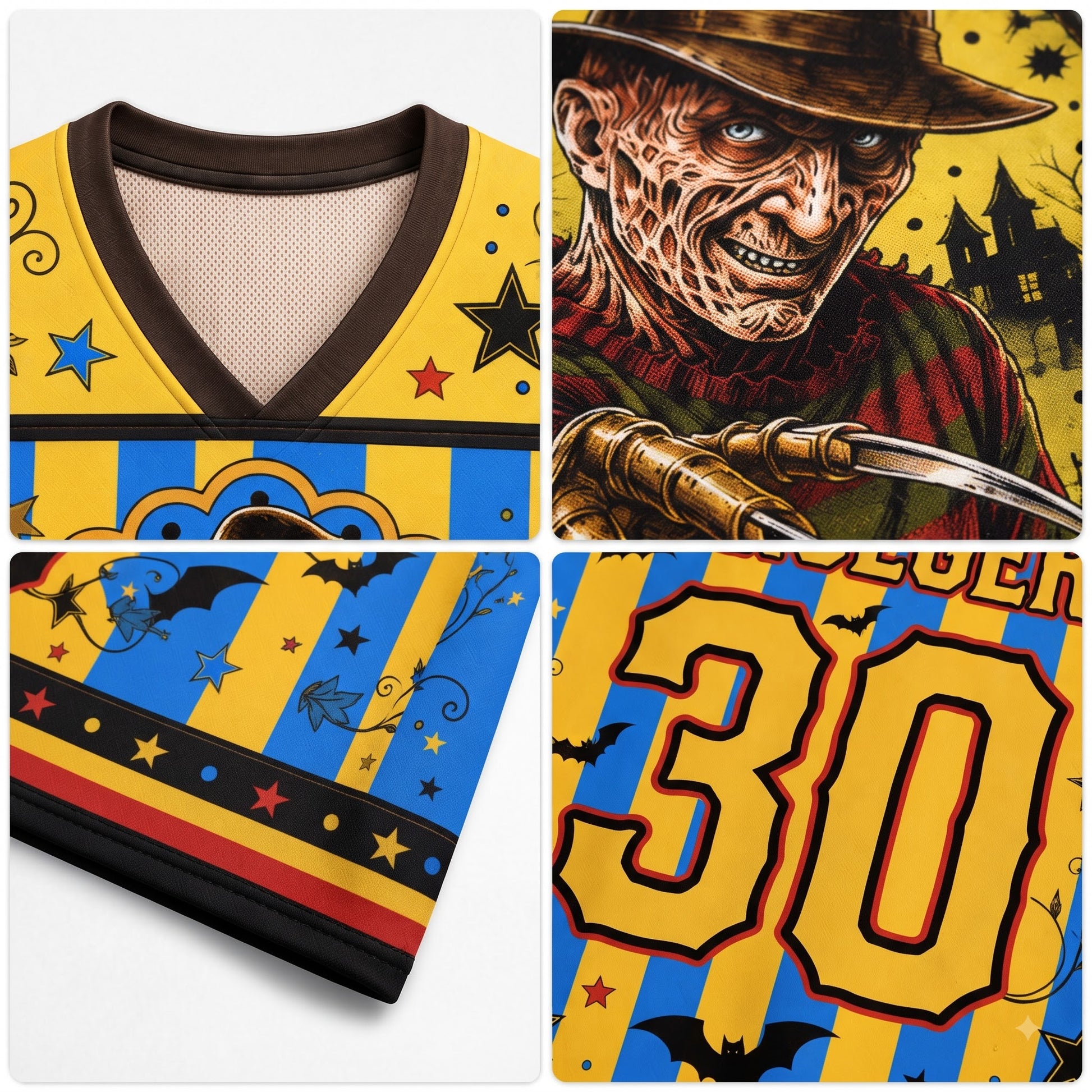 Close up view collage of yellow blue horror jersey showing V-neck trim, sleeve borders, front Freddy Krueger graphic, and back Krueger 30 detail.