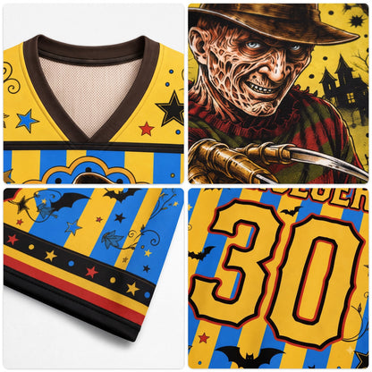 Close up view collage of yellow blue horror jersey showing V-neck trim, sleeve borders, front Freddy Krueger graphic, and back Krueger 30 detail.