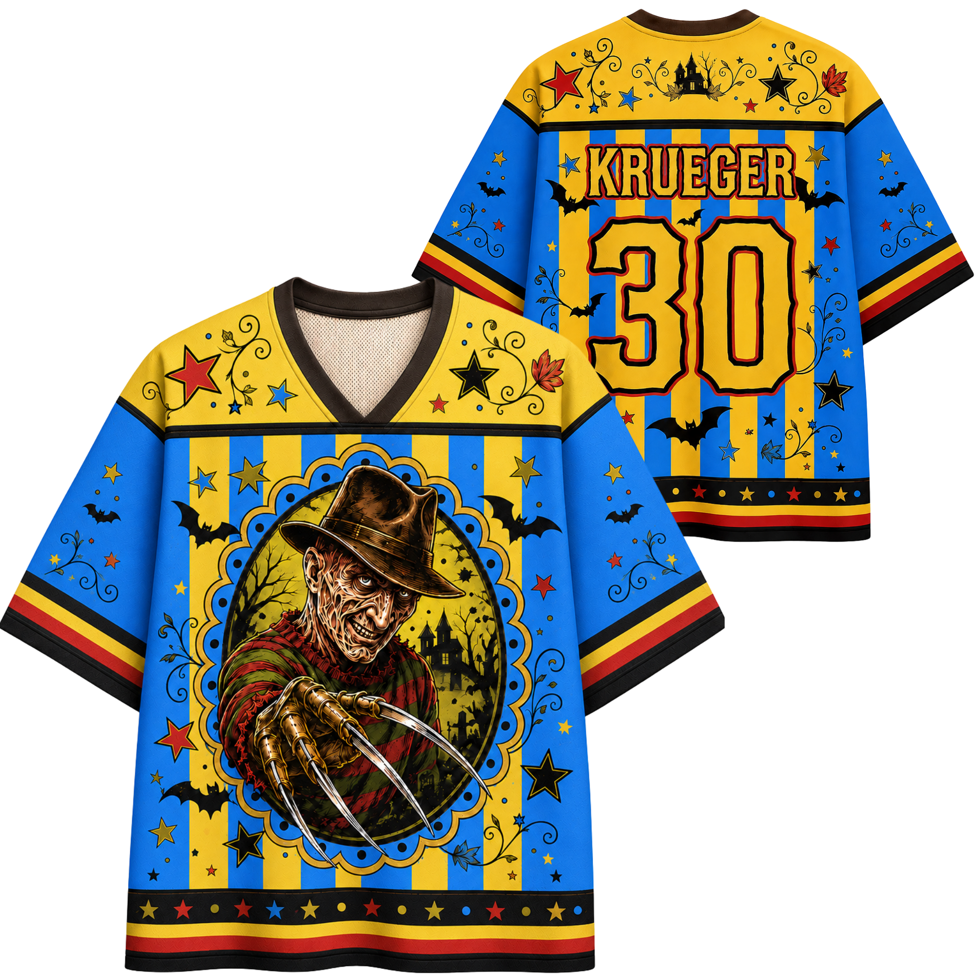 Front and back views of a colorful hockey-style jersey featuring a horror character graphic on the front, with 'KRUEGER' and the number '30' on the back. The design includes yellow, blue, black, red, and orange elements with stars, bats, and decorative swirls.