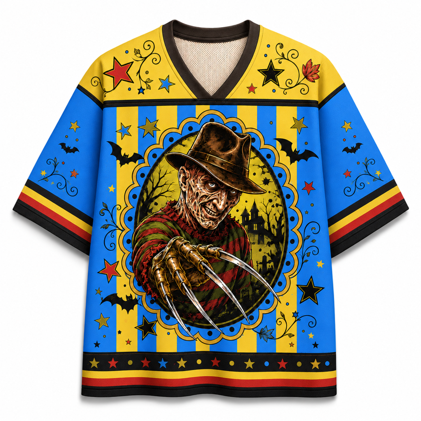 A short-sleeve V-neck jersey with a colorful Halloween-themed graphic print featuring Freddy Krueger, bats, stars, and striped patterns in blue, yellow, black, red, and brown.