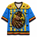A short-sleeve V-neck jersey with a colorful Halloween-themed graphic print featuring Freddy Krueger, bats, stars, and striped patterns in blue, yellow, black, red, and brown.