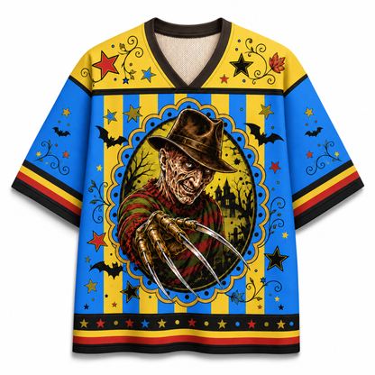 A short-sleeve V-neck jersey with a colorful Halloween-themed graphic print featuring Freddy Krueger, bats, stars, and striped patterns in blue, yellow, black, red, and brown.