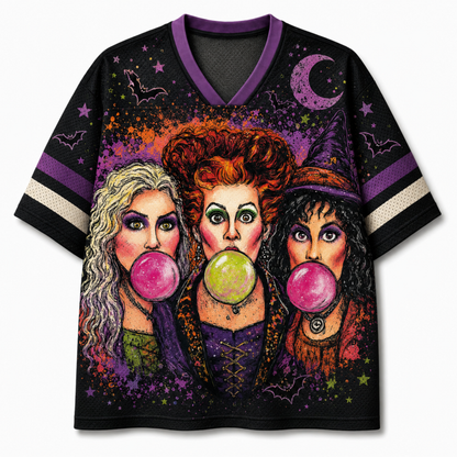 Retro Hocus Pocus Witches Halloween Mesh Jersey - front view with three witches blowing bubblegum graphic