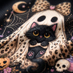 A Halloween-themed illustration featuring a black cat peeking out from behind a cream-colored ghost with brown spots, a matching bow, a pumpkin, a skull, and spiderwebs on a dark background.