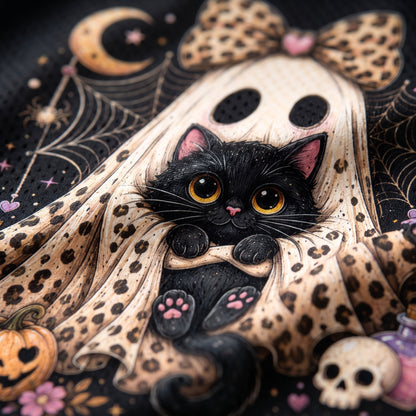 A Halloween-themed illustration featuring a black cat peeking out from behind a cream-colored ghost with brown spots, a matching bow, a pumpkin, a skull, and spiderwebs on a dark background.