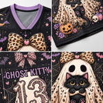A four-panel close-up collage of a Halloween-themed black jersey or shirt design featuring a black cat in a ghost costume, purple V-neck trim, leopard-print bow details, skulls, bats, stars, and the text 'GHOST KITTY' and '13'.