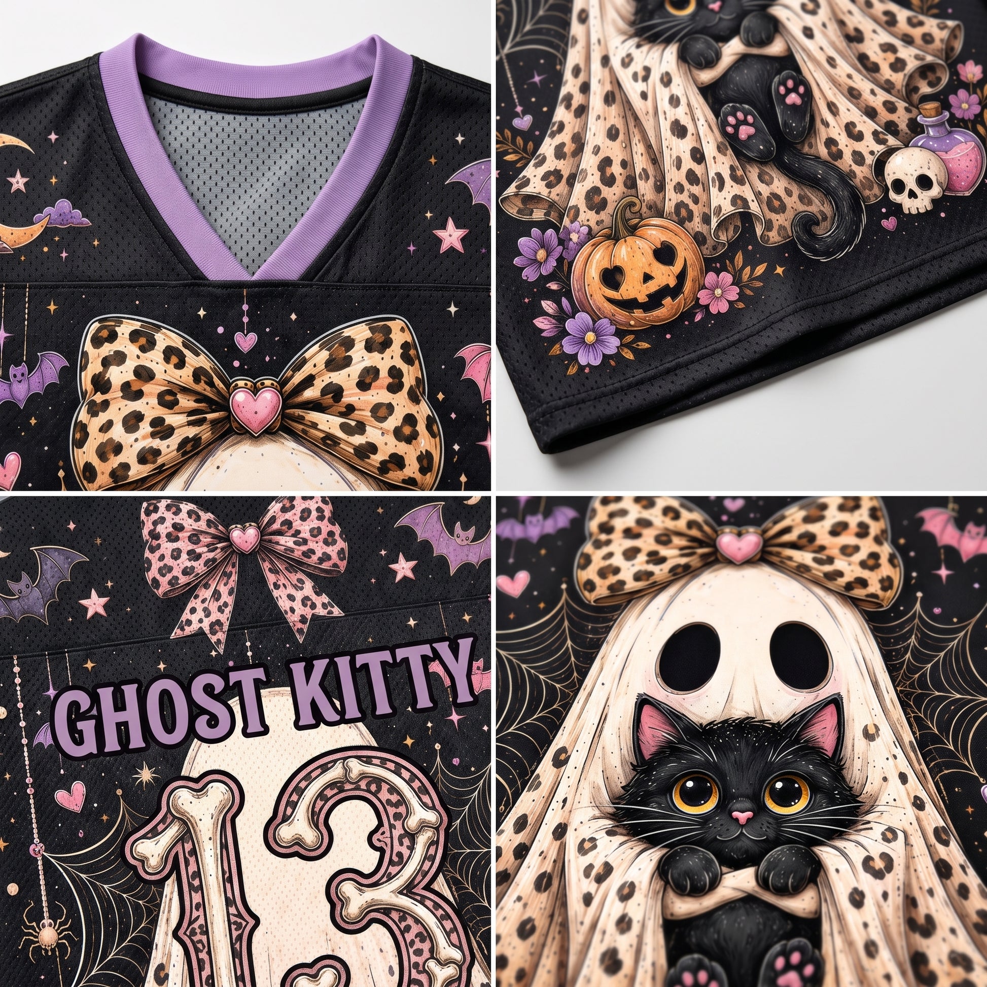 A four-panel close-up collage of a Halloween-themed black jersey or shirt design featuring a black cat in a ghost costume, purple V-neck trim, leopard-print bow details, skulls, bats, stars, and the text 'GHOST KITTY' and '13'.