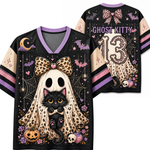 A black Halloween-themed football-style jersey shown from the front and back, featuring a ghost and black cat graphic, purple trim, leopard-print bow details, and the text 'GHOST KITTY' and the number '13'.