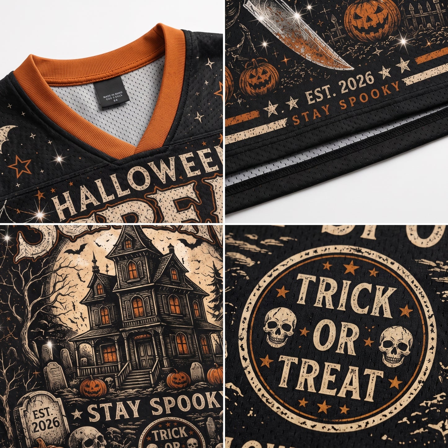 A collage showing close-up details of a black Halloween-themed V-neck jersey or sweatshirt. The design features orange trim, cream and orange text reading 'HALLOWEEN', 'EST.
