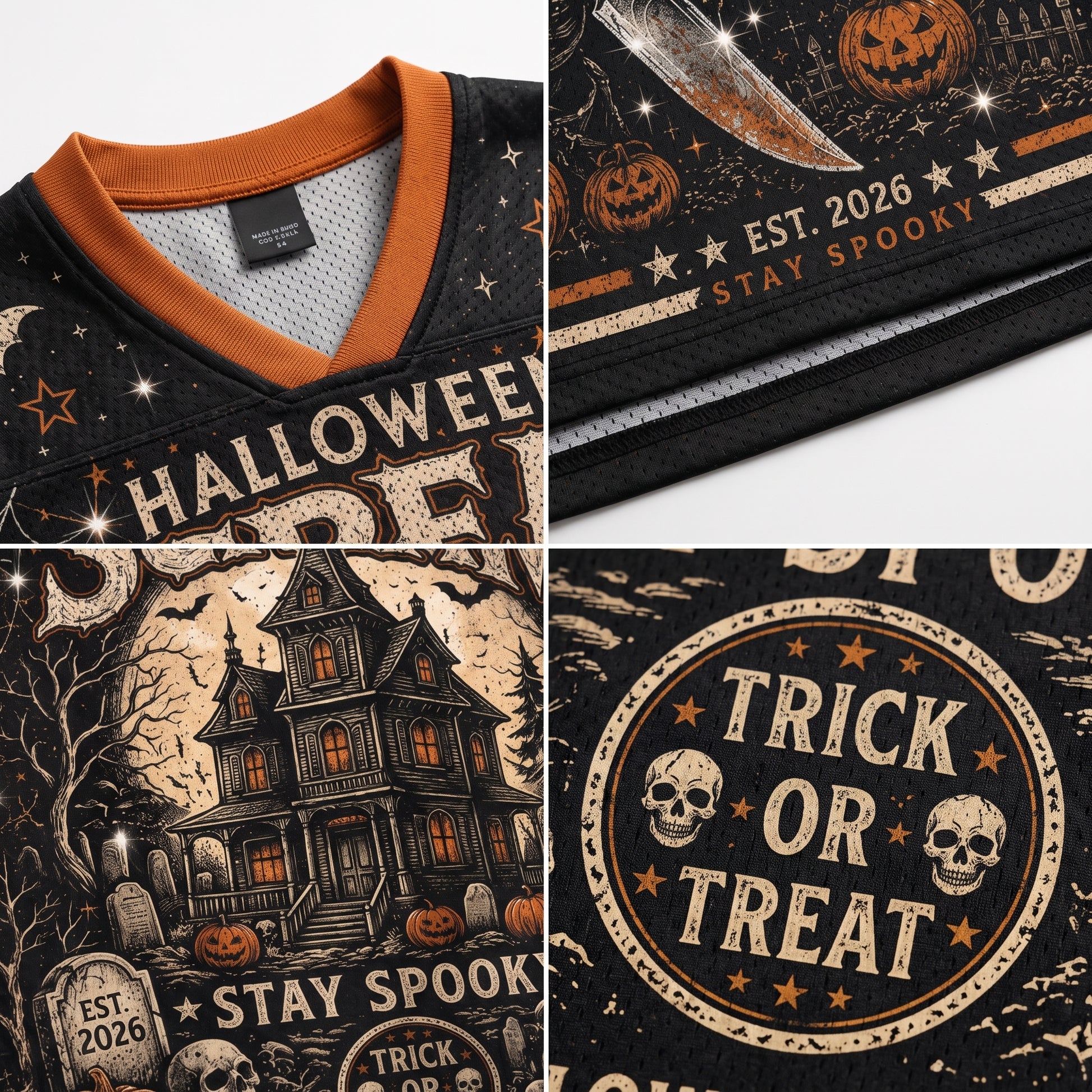 A collage showing close-up details of a black Halloween-themed V-neck jersey or sweatshirt. The design features orange trim, cream and orange text reading 'HALLOWEEN', 'EST.