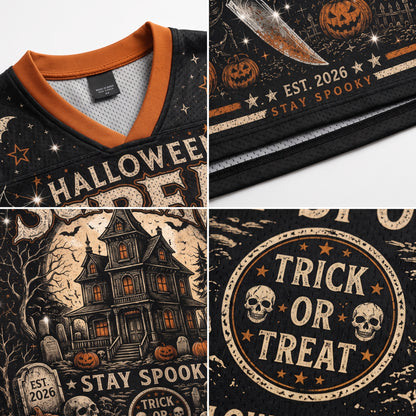 A collage showing close-up details of a black Halloween-themed V-neck jersey or sweatshirt. The design features orange trim, cream and orange text reading 'HALLOWEEN', 'EST.