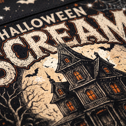 A close-up of a Halloween-themed graphic print featuring a spooky haunted house, bare trees, bats, and the words 'HALLOWEEN SCARE' in distressed cream lettering on a dark background.