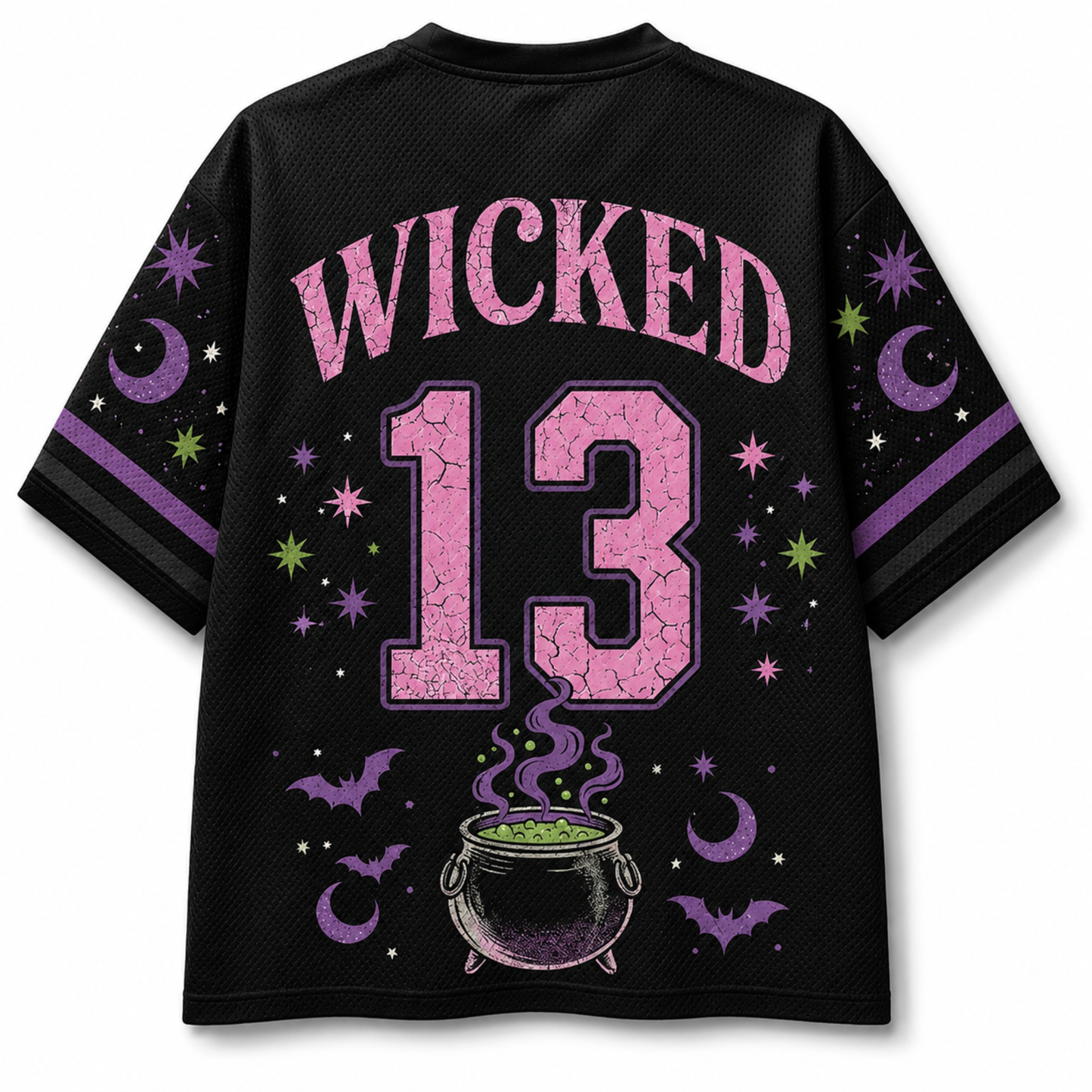 A cream-colored V-neck athletic jersey with orange and black trim, featuring a large graphic of Frankenstein's monster holding a pumpkin cup, surrounded by autumn leaves, pumpkins, stars, and bows.