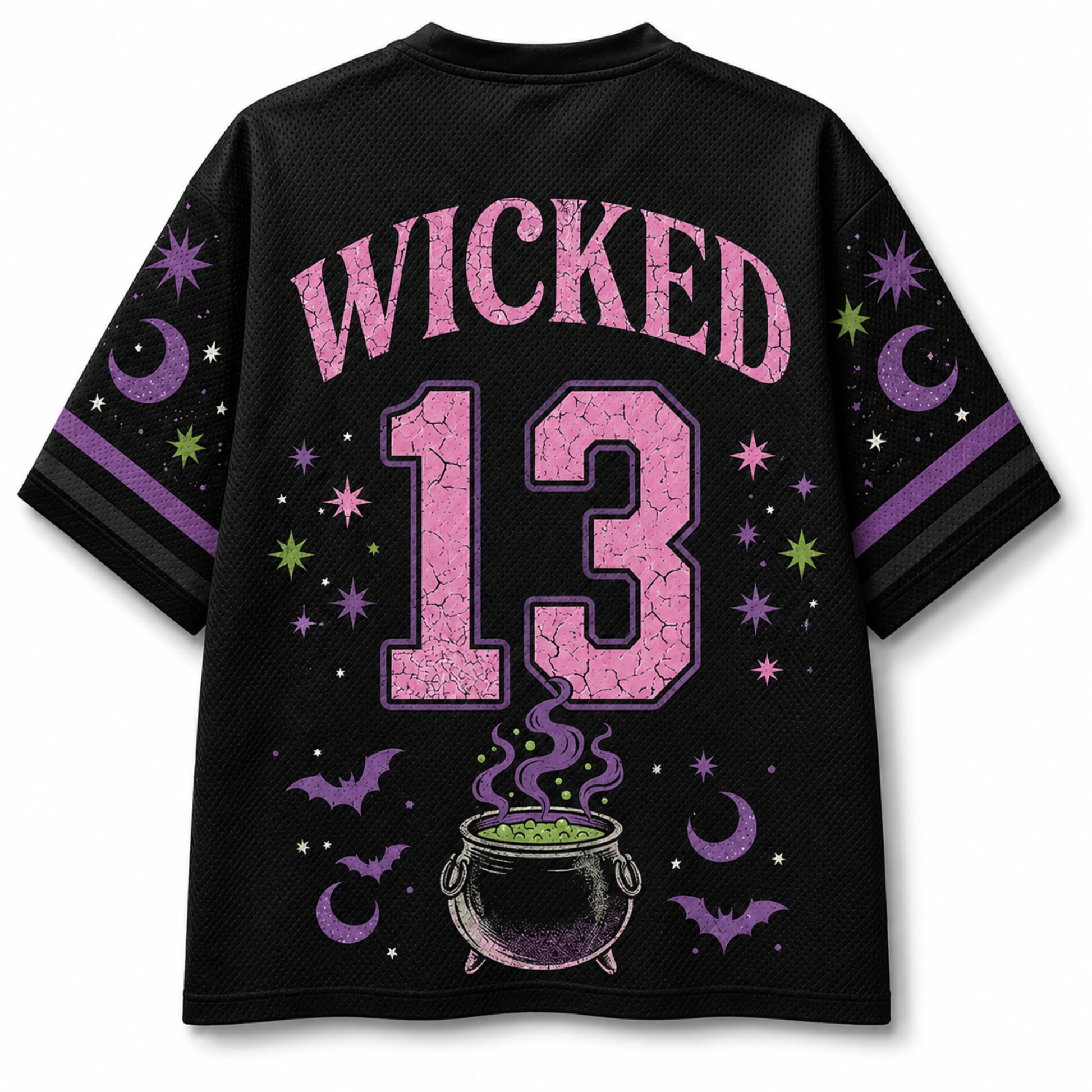 A cream-colored V-neck athletic jersey with orange and black trim, featuring a large graphic of Frankenstein's monster holding a pumpkin cup, surrounded by autumn leaves, pumpkins, stars, and bows.