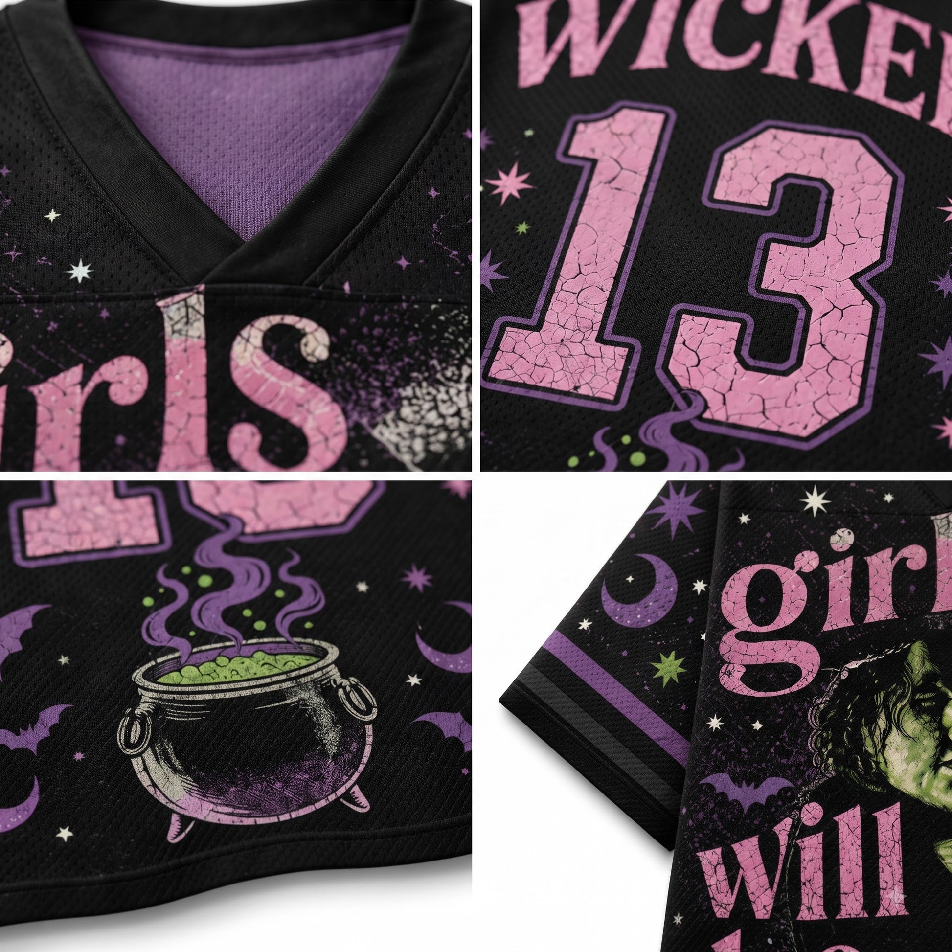 A close-up collage of a black V-neck jersey or apparel panel with a witch-themed graphic print. The design includes pink cracked text reading 'Wicked' and 'girls will', a large pink number 13, purple crescent moons and stars, a cauldron with green potion, bats, and a witch illustration.