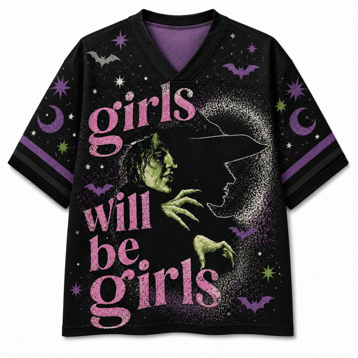 A black mesh V-neck jersey shown from the front and back, decorated with a colorful Halloween theme. The front features a central graphic of a creepy doll character in a knit hat and scarf holding a drink and a cookie, surrounded by pumpkins, bows, and stars.