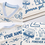 A four-panel close-up collage of a light cream/off-white V-neck top with blue printed wedding-themed illustrations and text, including 'just married,' 'gotta get,' 'YOUR NAME,' hearts, rings, a car, and a bride-and-groom silhouette.
