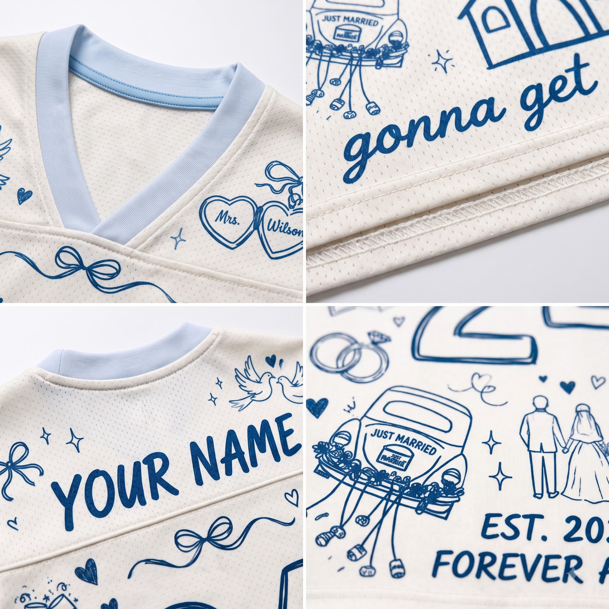 A four-panel close-up collage of a light cream/off-white V-neck top with blue printed wedding-themed illustrations and text, including 'just married,' 'gotta get,' 'YOUR NAME,' hearts, rings, a car, and a bride-and-groom silhouette.