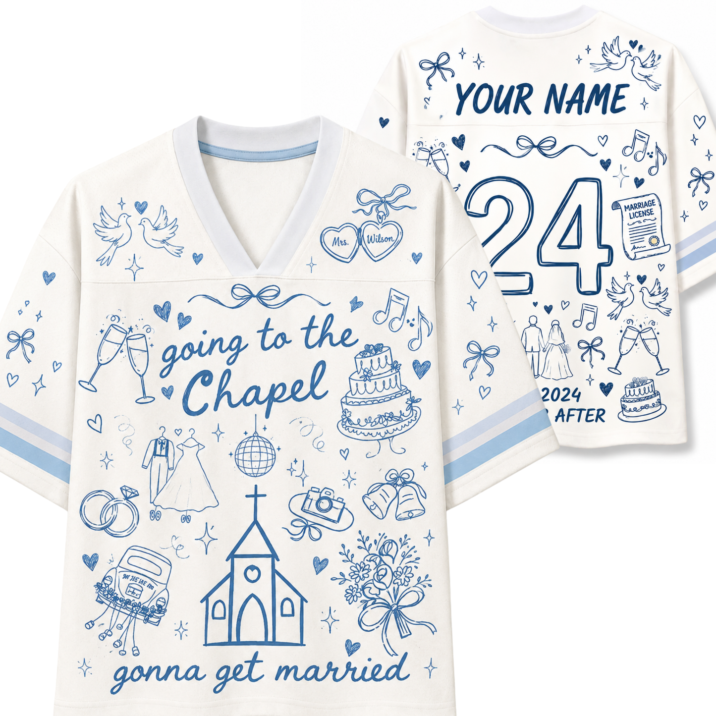White V-neck t-shirt with blue line art and text, shown in front and back views. The front reads 'going to the Chapel' with wedding-themed doodles like a church, cake, rings, and champagne glasses.