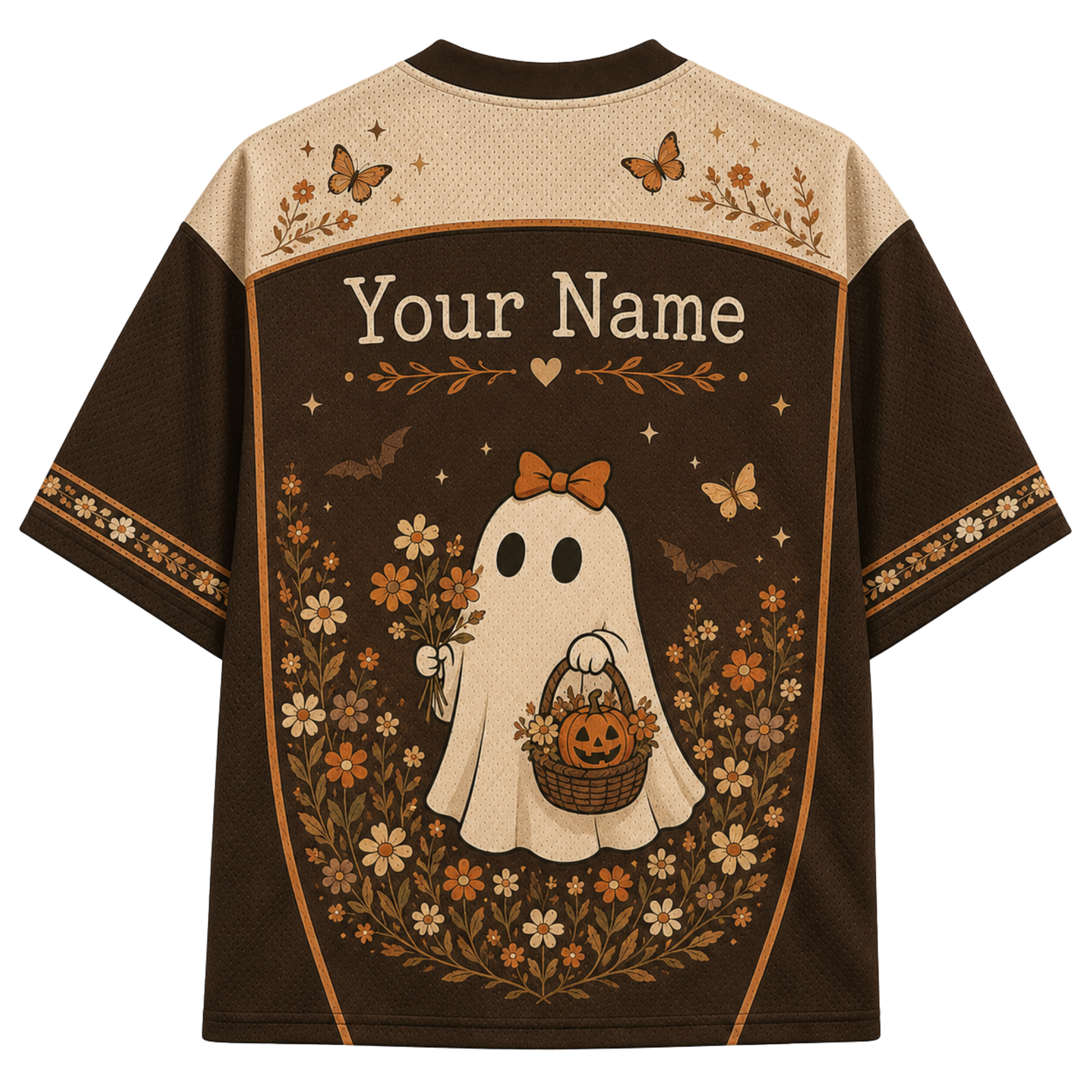 A short-sleeve t-shirt with a Halloween-themed graphic print on the back. The design features a cream-colored upper yoke with butterfly and floral motifs, a dark brown lower body, and a central illustration of a cute ghost wearing an orange bow and holding a jack-o'-lantern basket, surrounded by flowers and the text 'Your Name'.