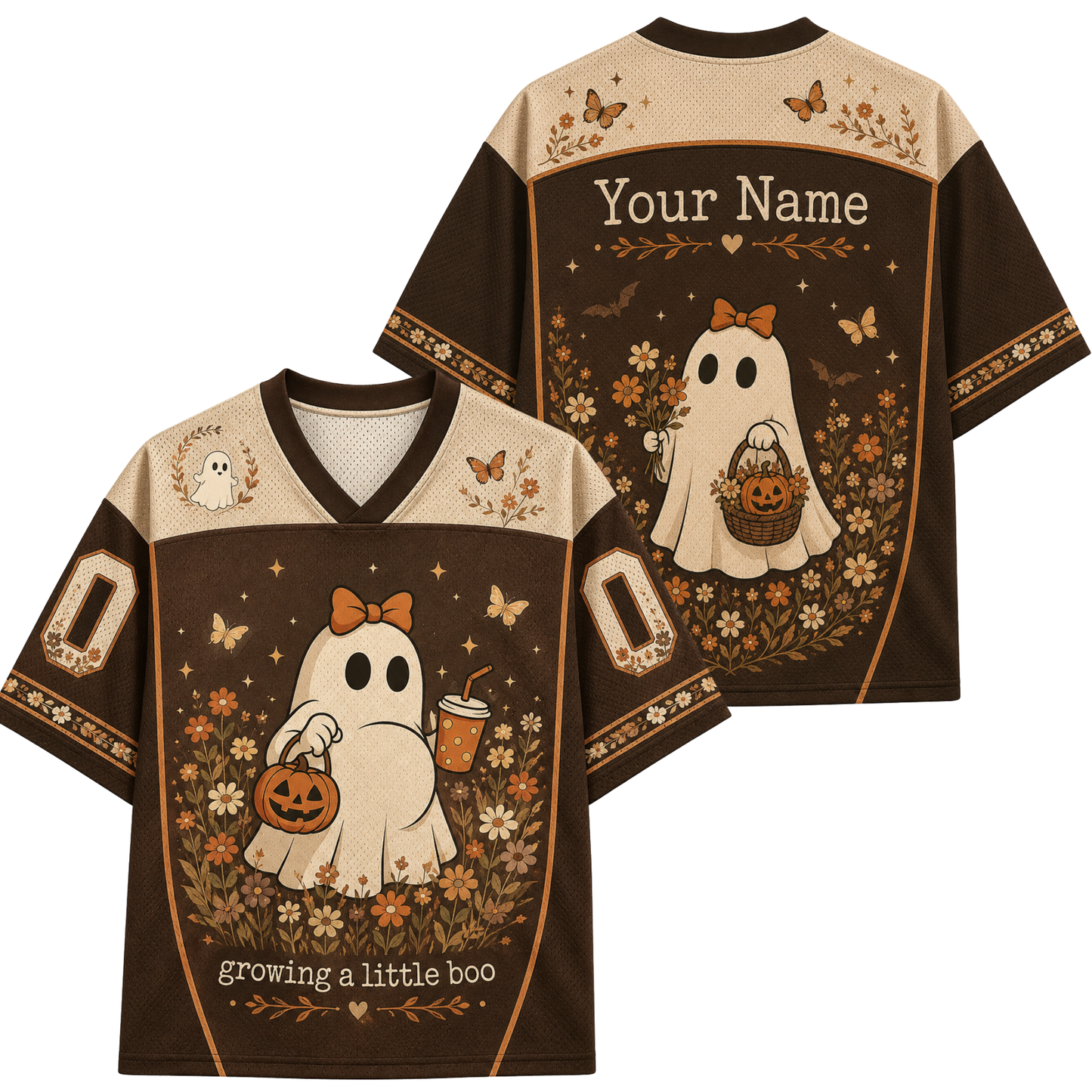 A custom football-style jersey shown from the front and back, featuring a brown and beige color scheme with a cartoon ghost holding a pumpkin and cup, surrounded by flowers and butterflies. The back has a placeholder text 'Your Name' and the front has 'Growing a little boo'.