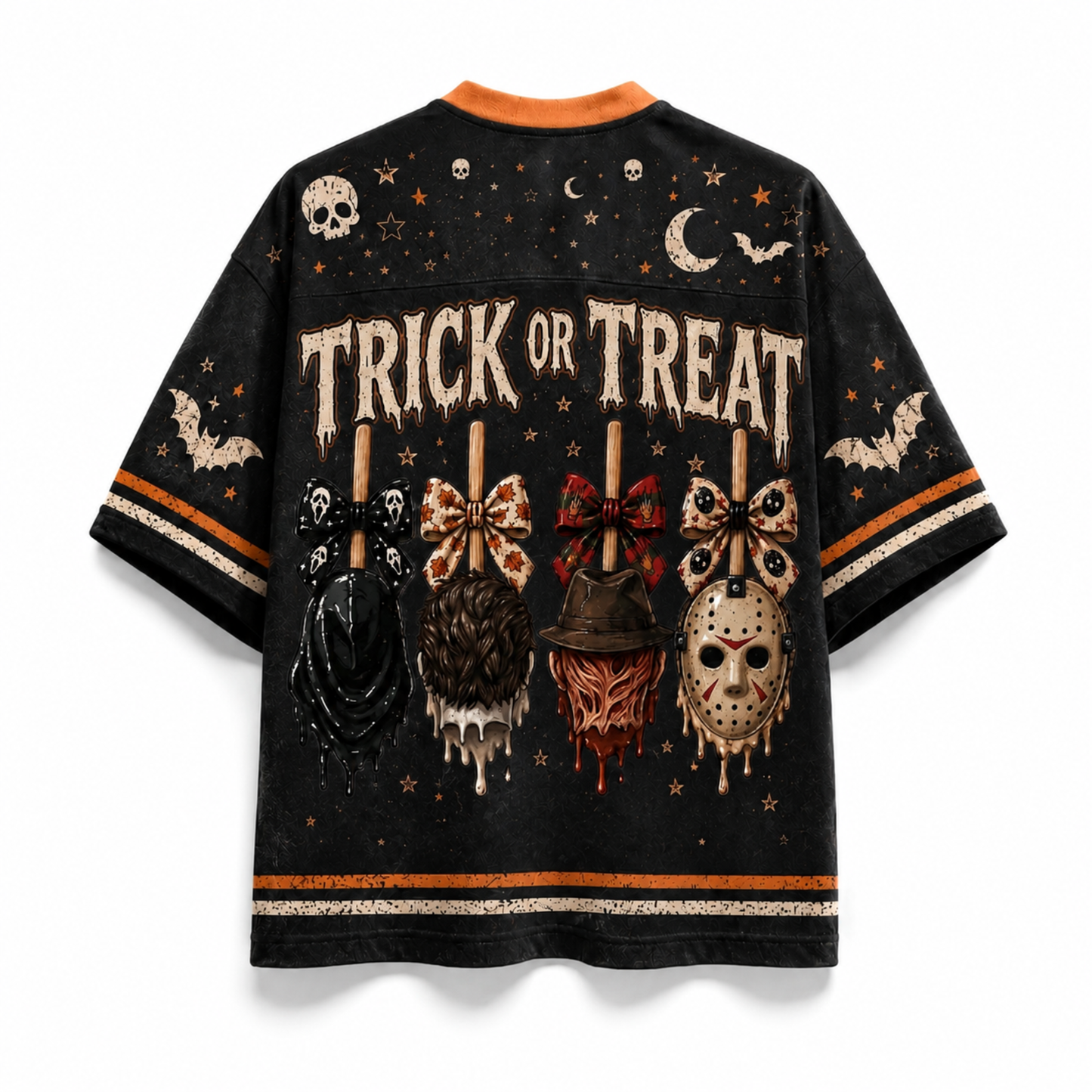 A black short-sleeve t-shirt with a distressed Halloween graphic print featuring the words 'TRICK OR TREAT' and horror-themed motifs like skulls, bats, a hockey mask, and a pumpkin on sticks, shown against a plain white background.