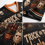 A four-panel close-up collage of a black V-neck graphic T-shirt. The shirt features horror-themed prints including Michael Myers masks, a skull, a witch hat with dripping blood, a bow, and the text 'TRICK OR T.