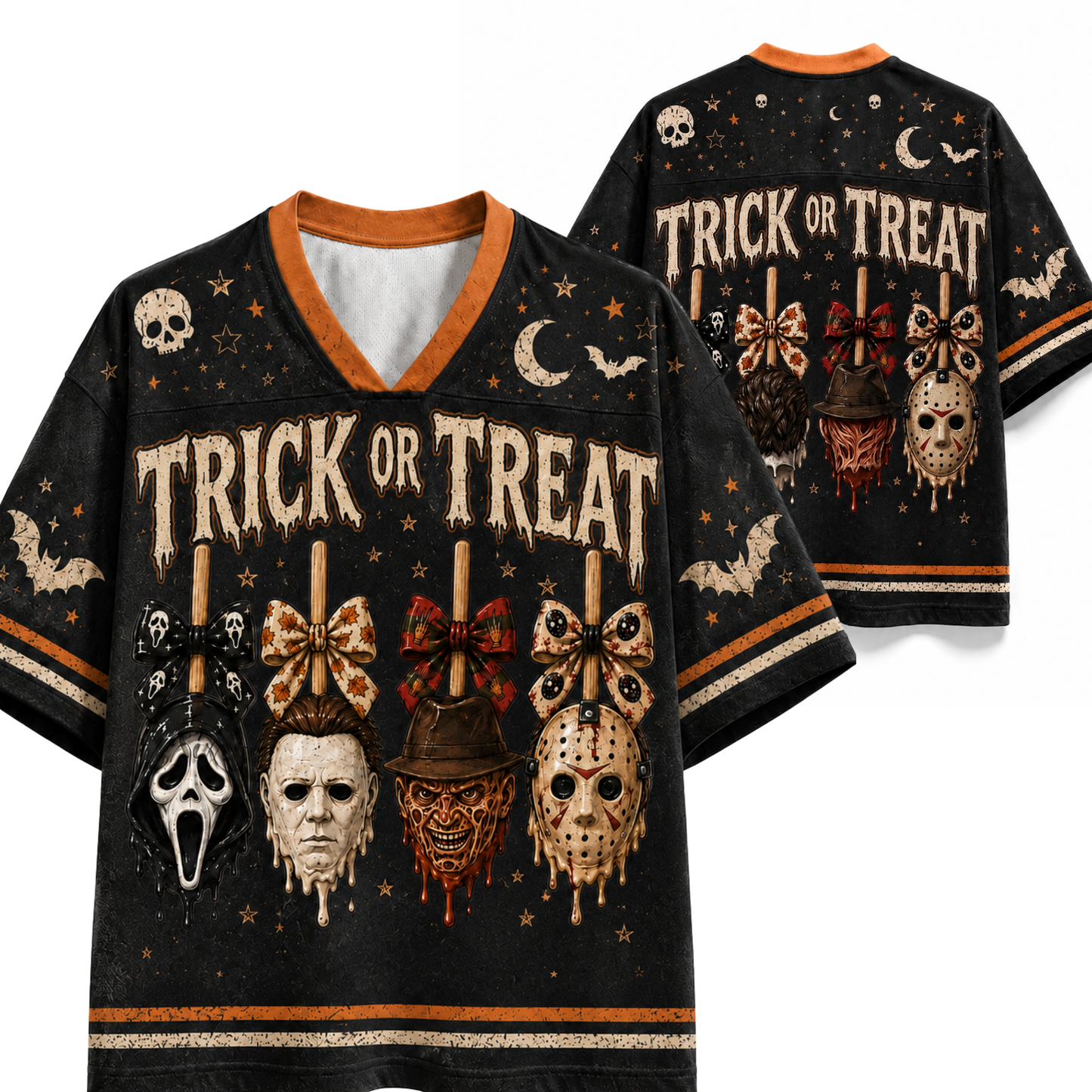 Black short-sleeve V-neck t-shirt with orange trim, featuring a 'Trick or Treat' Halloween graphic with multiple character masks and bows. A second view of the back of the shirt is shown behind it on a white background.