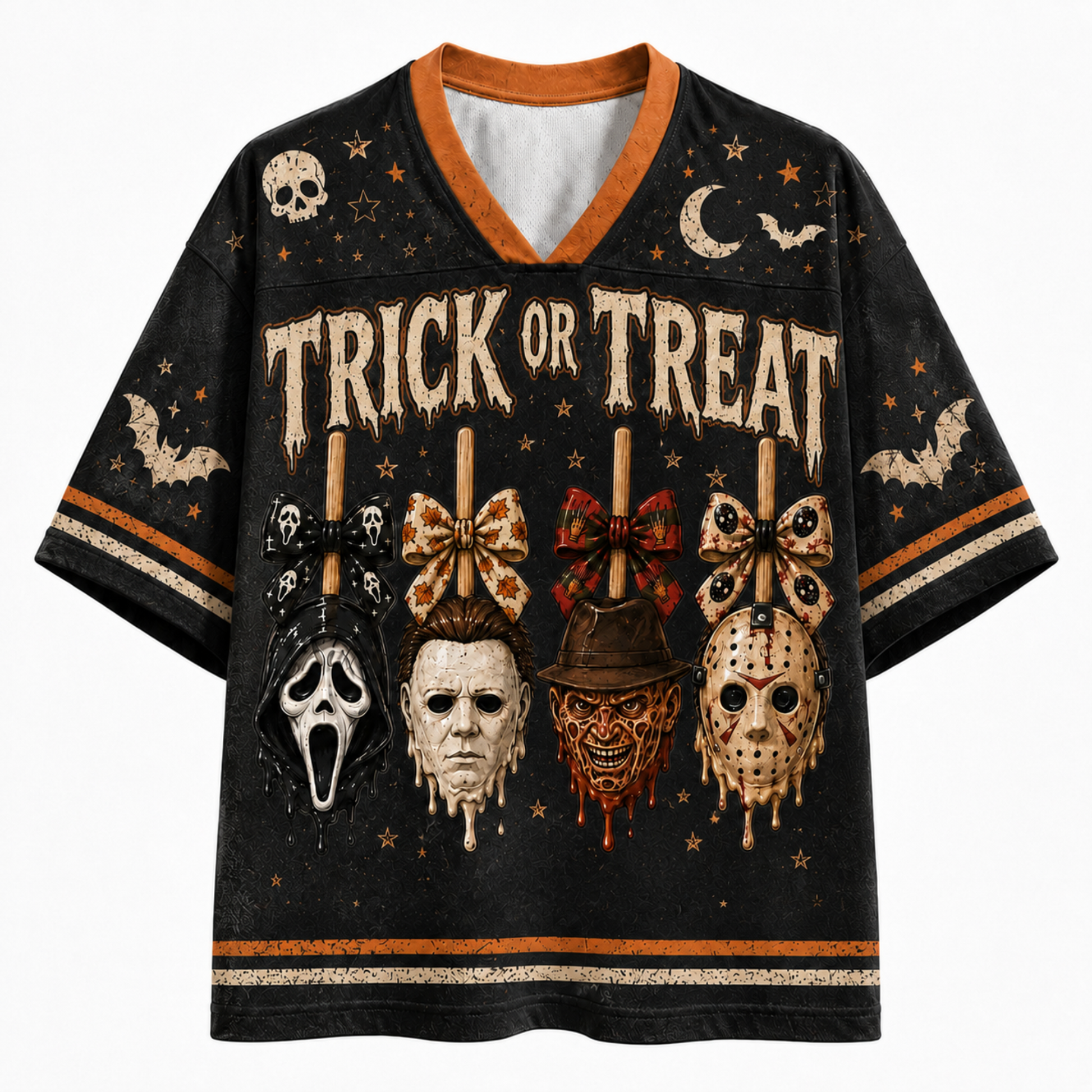 A black short-sleeve V-neck t-shirt with a distressed Halloween graphic print featuring the words 'TRICK OR TREAT' and five horror movie masks with bows and sticks. The shirt has orange and beige accents on the collar, cuffs, and hem, and is shown against a plain white background.