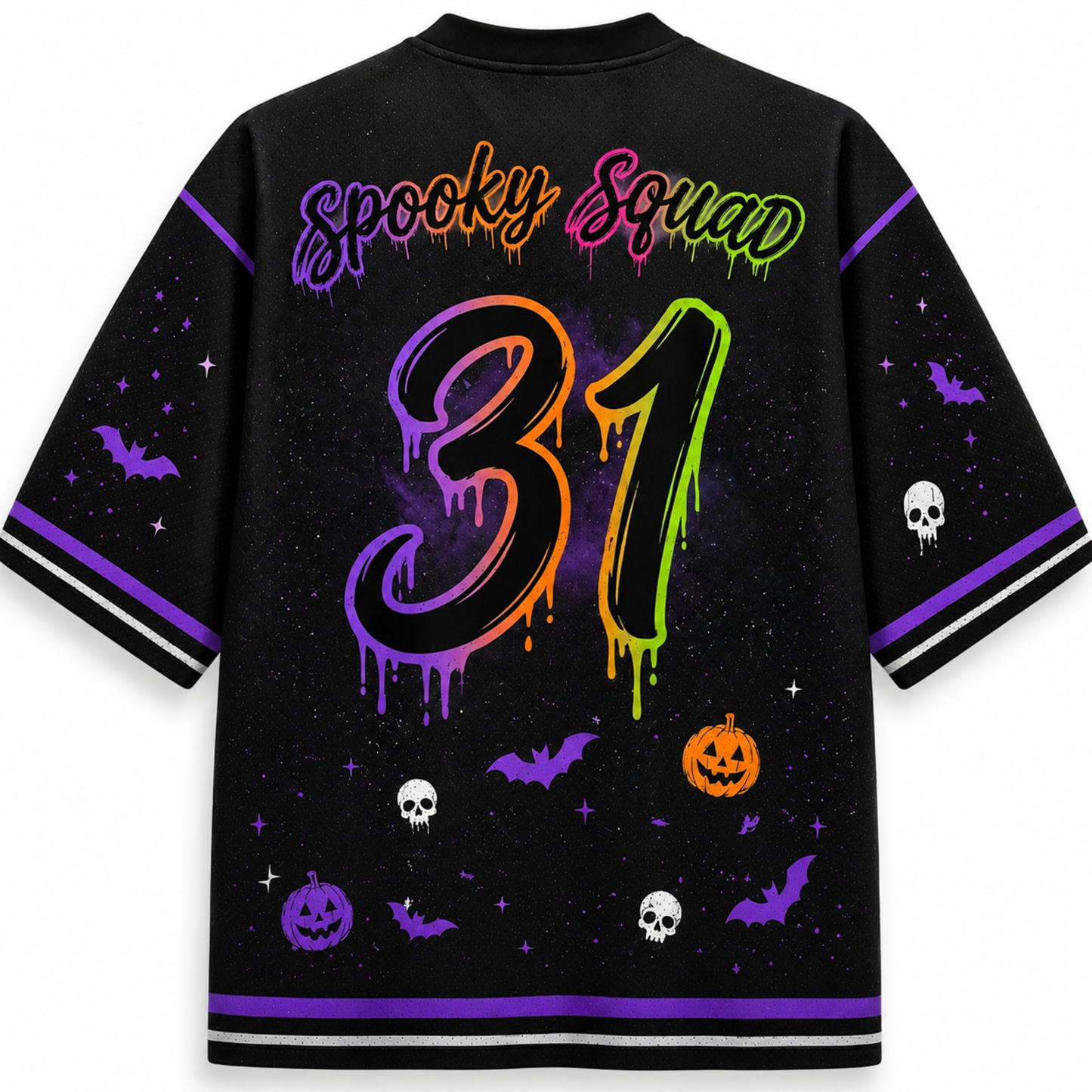 Black short-sleeve t-shirt with a vibrant neon Halloween graphic on the back. The design features 'Spooky Squad' in dripping purple and green lettering, a large '31' in orange and green neon drips, and scattered purple bats, white skulls, and orange jack-o'-lanterns on a starry black background.