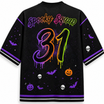 Black short-sleeve t-shirt with a vibrant neon Halloween graphic on the back. The design features 'Spooky Squad' in dripping purple and green lettering, a large '31' in orange and green neon drips, and scattered purple bats, white skulls, and orange jack-o'-lanterns on a starry black background.