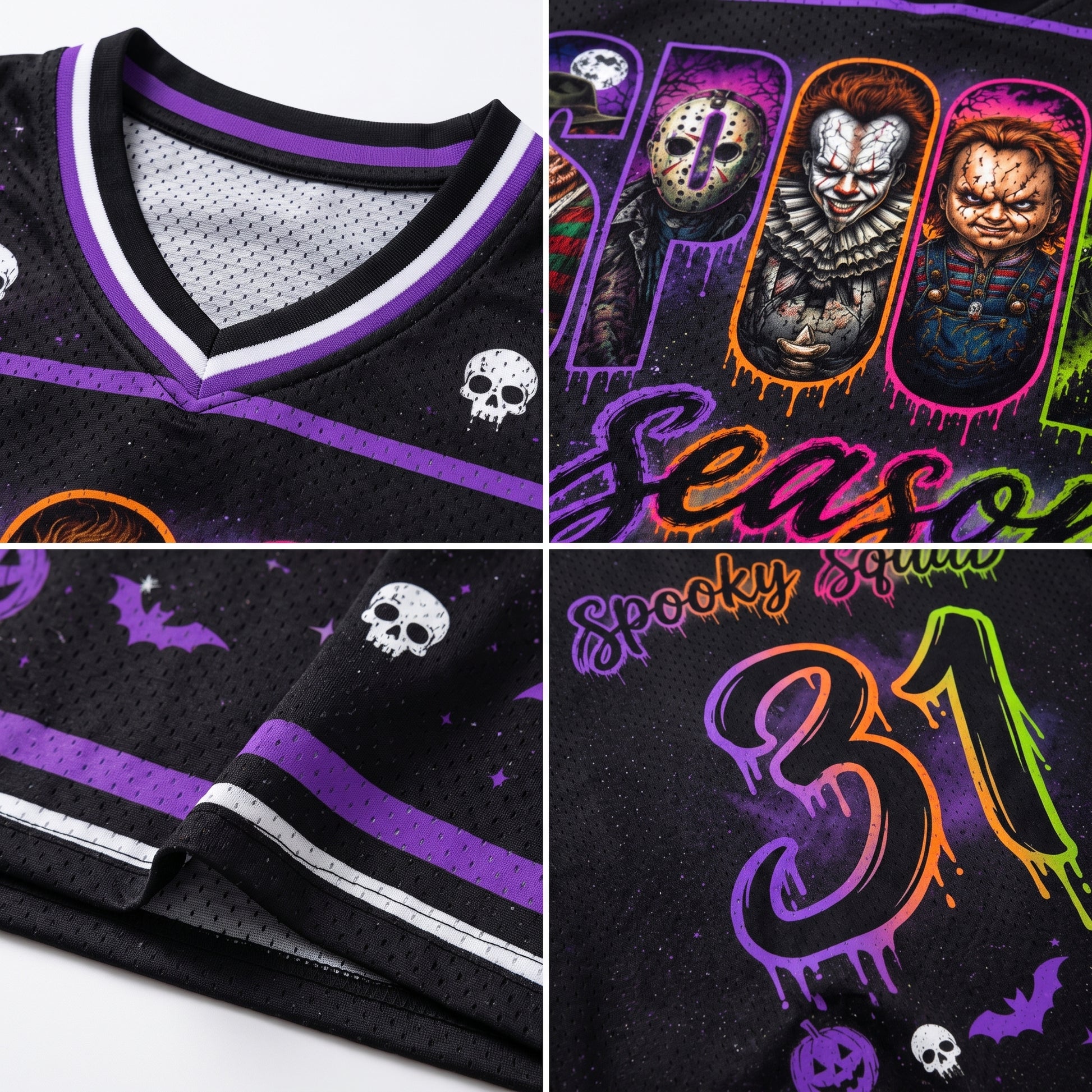 A four-panel close-up collage of a black mesh V-neck jersey with Halloween-themed graphics. The jersey has purple and white striped trim, white skull motifs, purple bat silhouettes, and colorful graphic prints including horror character faces, 'Season' script, 'spooky season' text, and a large dripping '31'.